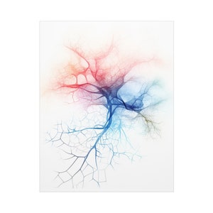 May include: Abstract watercolor painting of a tree with branches in shades of red, blue, and green. The tree is on a white background.