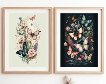 Boho Butterflies Wall Art, Wildflowers Nursery Decor, Printable Art Set of 2, Baby Girl Nursery Decor, Butterfly Print, Instant Download