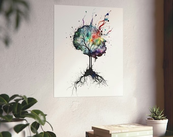 Watercolor Brain Art Print, Science Wall Art Print, Abstract Human Brain Neuron Print, Gift for Science lovers, Premium Matte Poster