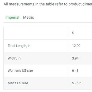 May include: Size guide table with measurements in inches for a product in sizes S, M, and L. The table includes total length, width, women's UK size, and men's UK size.