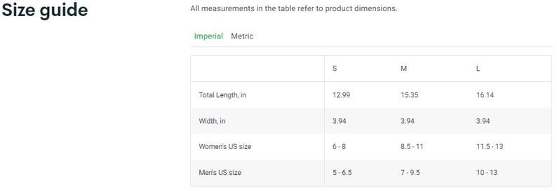 May include: Size guide table with measurements in inches for a product in sizes S, M, and L. The table includes total length, width, women's UK size, and men's UK size.