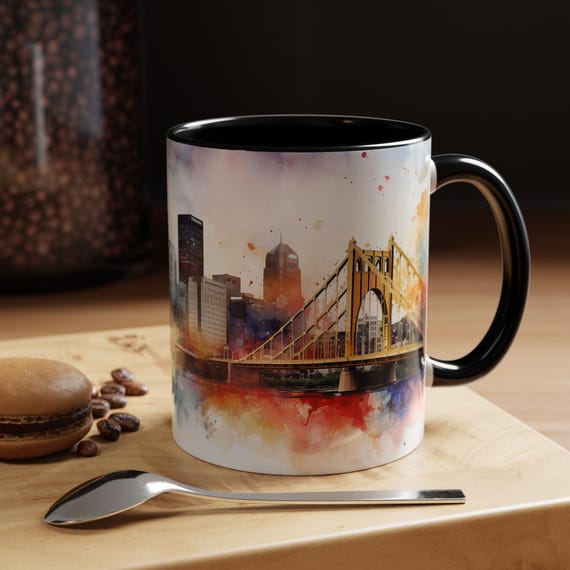Pittsburgh Watercolor Accent Coffee Mug, Pittsburgh Coffee Tea Cup, Steelers Coffee Mug, Watercolor Mug