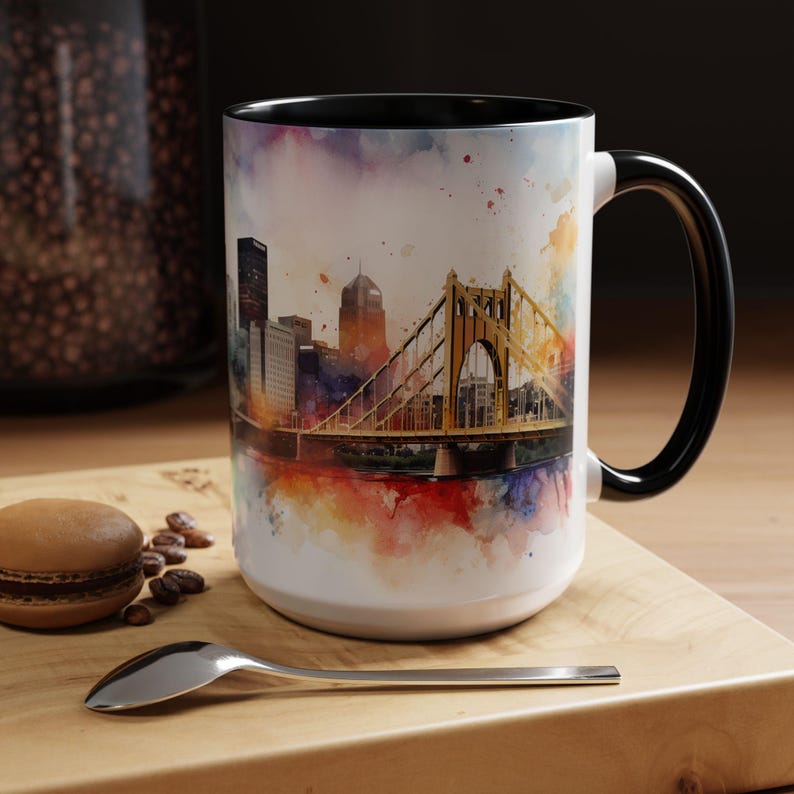 Pittsburgh Watercolor Accent Coffee Mug, Pittsburgh Coffee Tea Cup, Steelers Coffee Mug, Watercolor Mug image 2