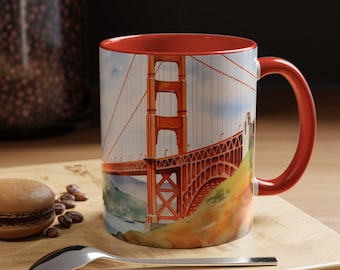Golden Gate Bridge Watercolor Accent Coffee Mug, California Coffee Tea Cup, Golden Gate Bridge Coffee Mug, San Francisco Mug