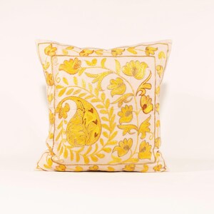 Yellow Silk Embroidered Pillow Cover: Boho Floral Cushion, 18x18