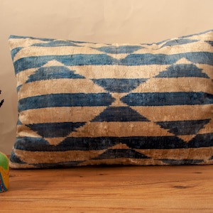 Handmade Ikat Velvet Silk Pillow Cover - White & Sky Blue Vertical Geometric Stripes and Squares Pattern - Decorativ  16x24 Inc (40x60 cm)