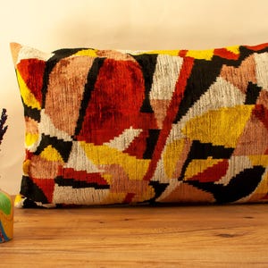 Handmade Silk Velvet Ikat Pillow Cover 16x24 Inch – Modern Geometric Lumbar Cushion – Multicolor Boho Decor