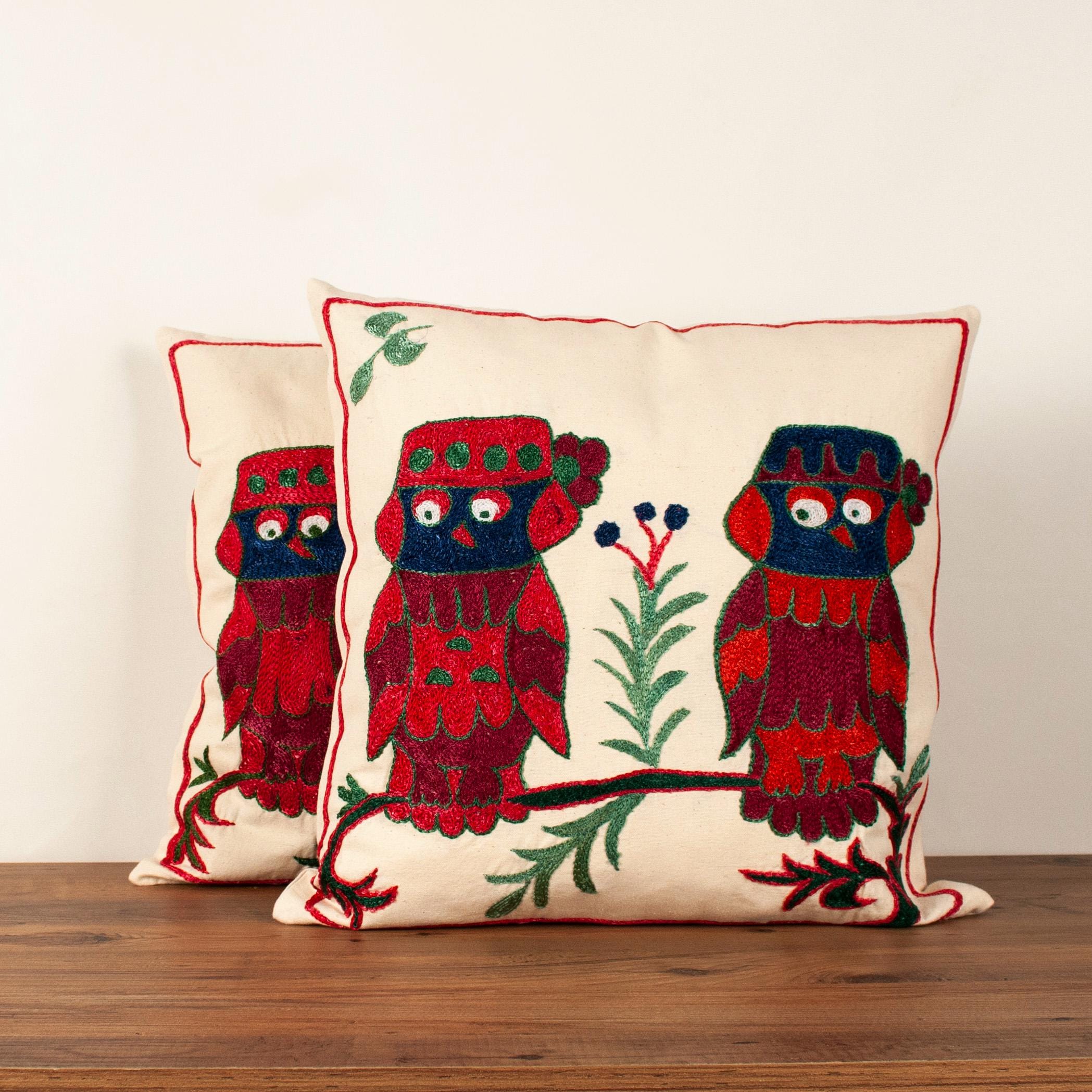 Handmade Suzani Silk Owl Pillow Covers – Boho Decor Set of 2
