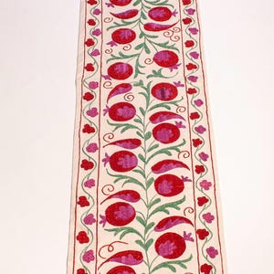 Floral Suzani Silk Runner: Hand Embroidered Boho Table Decor (18x71 inch)