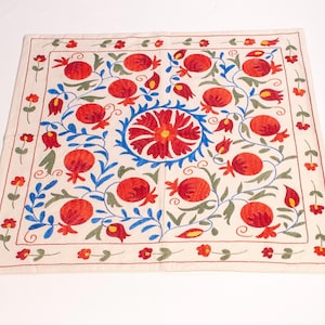 Handmade Suzani Tablecloth: Embroidered Silk Floral Design, Boho Decor 36x36