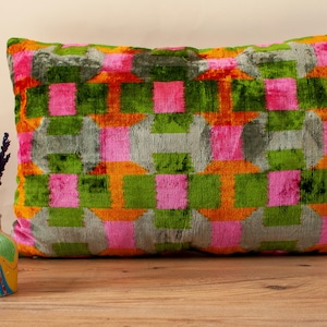 Multicolor Ikat Velvet Pillow – 16x24 Silk Cushion – Handmade Boho Throw Pillow for Sofa, Bedroom, or Eclectic Home Decor