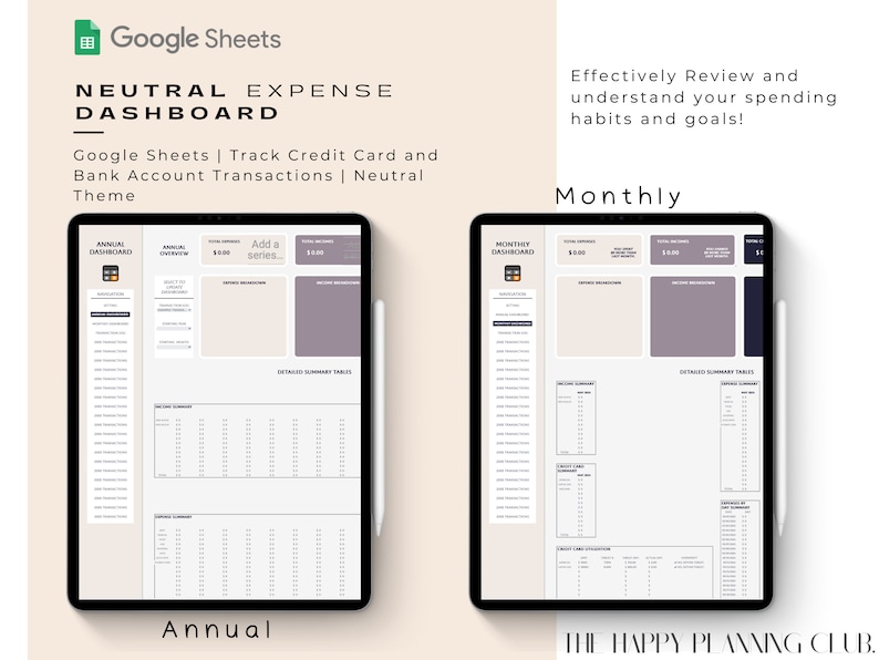 Neutral Expense Dashboard | Google Sheets | Monitor Credit Card and ...