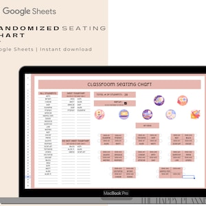 May include: A laptop screen displaying a Google Sheets spreadsheet with a classroom seating chart. The chart is designed to randomly assign student seating. The spreadsheet has a pink background and includes a list of student names, a section for seating arrangements, and a total number of students. The spreadsheet also includes a section for students who should sit together and a section for students who should not sit together.