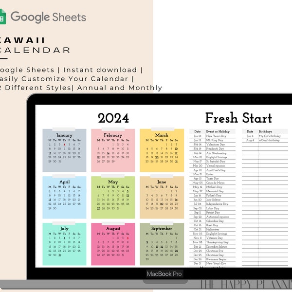 Kawaii Calendar | Google Sheets | 12 Styles | 2024 and Beyond