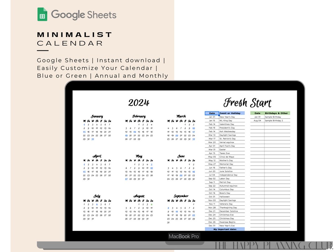 Minimalist Calendar | Google Sheets | Green and Blue | 2024 and Beyond ...