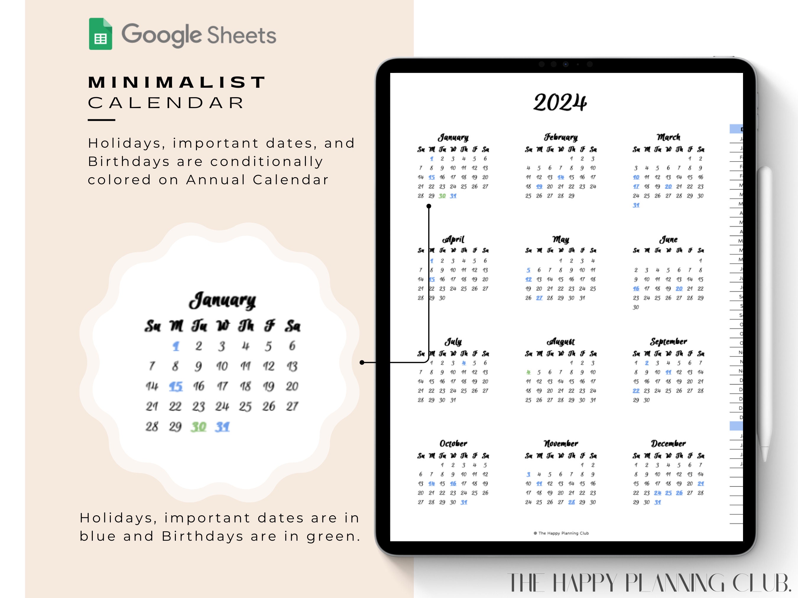 Minimalist Calendar | Google Sheets | Green and Blue | 2024 and Beyond ...