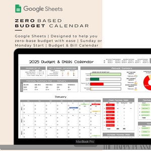 Peut inclure: Un écran d'ordinateur portable affichant une feuille de calcul Google Sheets intitulée "2025 Budget & Bills Calendar". La feuille de calcul est conçue pour aider les utilisateurs à créer un budget à base zéro facilement. La feuille de calcul comprend un résumé mensuel, un résumé annuel et une vue du calendrier.