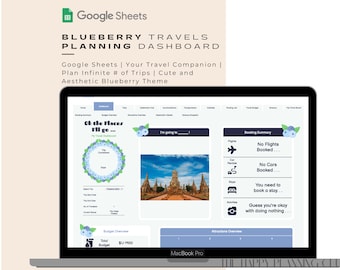 Blueberry Theme Travels Planning Dashboard | Google Sheets | Your Travel Companion | Research and Track all Your Trips
