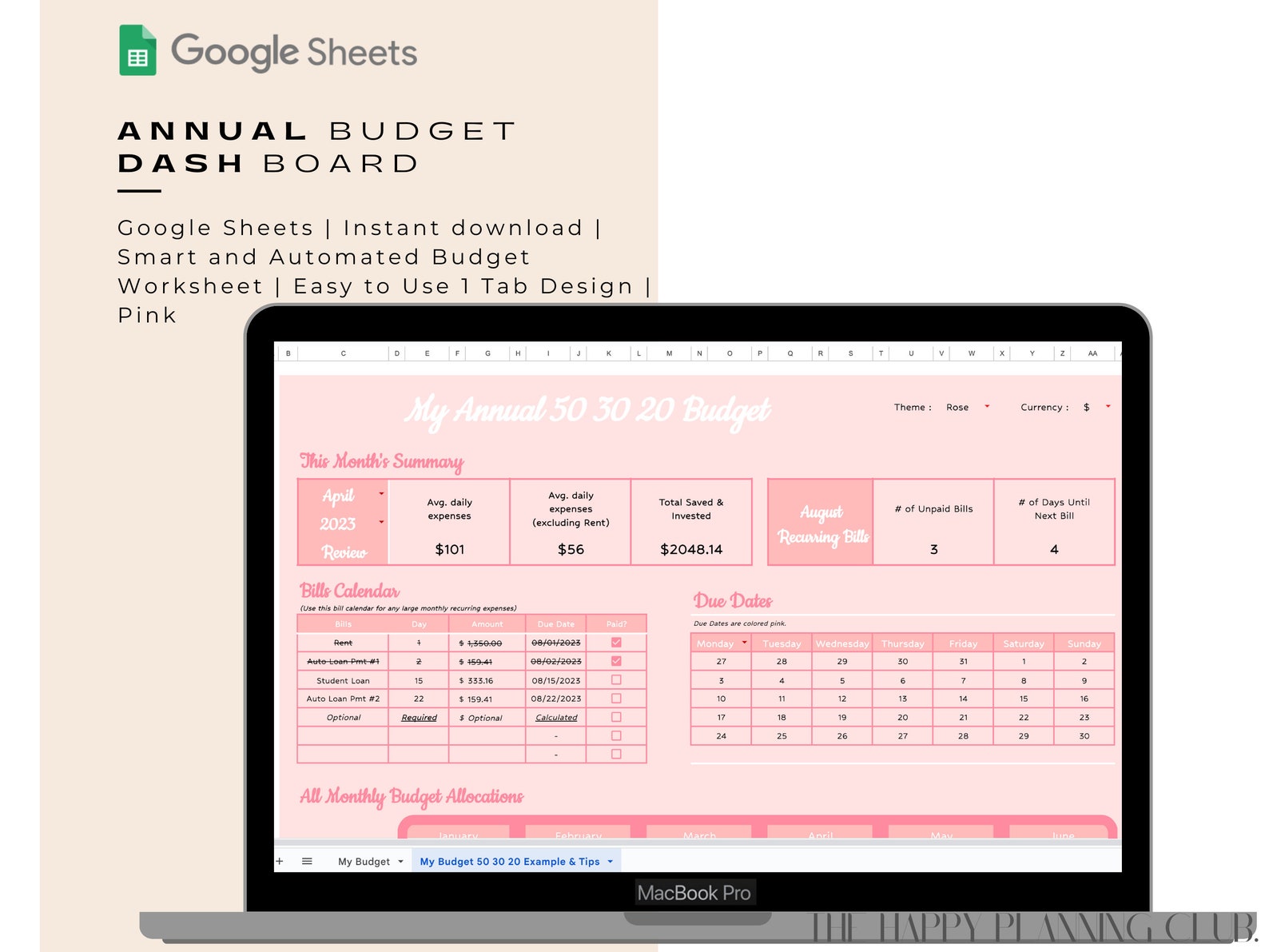 Customizable Annual Budget Dashboard - Interactive Budgeting Tool With ...