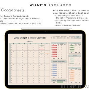 May include: A digital tablet displaying a Google Sheets spreadsheet with a 2024 budget and bills calendar. The calendar is for January and includes sections for fixed monthly expenses, variable monthly expenses, monthly income, and spending. The spreadsheet also includes a section for tracking "Left to Guarantee/Allocate".