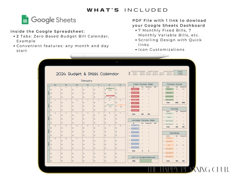 May include: A digital tablet displaying a Google Sheets spreadsheet with a 2024 budget and bills calendar. The calendar is for January and includes sections for fixed monthly expenses, variable monthly expenses, monthly income, and spending. The spreadsheet also includes a section for tracking "Left to Guarantee/Allocate".