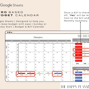 May include: A Google Sheets spreadsheet with a calendar and a budget tracker. The calendar is for January and the budget tracker is divided into fixed and variable monthly expenses. The spreadsheet is designed to help users create a zero-based budget.