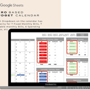 May include: A screenshot of a Google Sheets spreadsheet on a laptop screen. The spreadsheet is titled "Zero Based Budget Calendar" and is divided into sections for fixed monthly bills, variable monthly bills, monthly income, savings, and spending. The spreadsheet is designed to help users track their income and expenses.