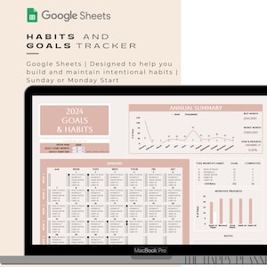 May include: A laptop computer screen displaying a Google Sheets spreadsheet with a 2024 Goals & Habits tracker. The spreadsheet includes a calendar, a graph, and a table. The spreadsheet is designed to help users track their goals and habits.