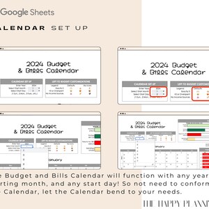 May include: A screenshot of a Google Sheets spreadsheet showing a 2024 Budget and Bills Calendar template. The template includes a calendar set up section, a left to budget customizations section, and a calendar view. The calendar view shows the month of January.