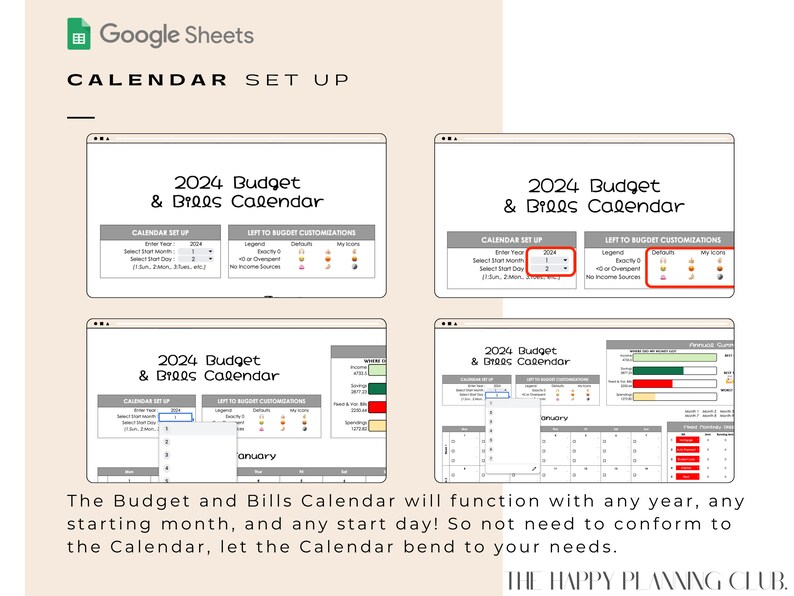 May include: A screenshot of a Google Sheets spreadsheet showing a 2024 Budget and Bills Calendar template. The template includes a calendar set up section, a left to budget customizations section, and a calendar view. The calendar view shows the month of January.