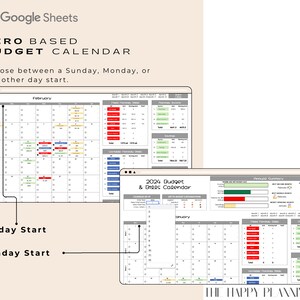 May include: A Google Sheets spreadsheet with a zero-based budget calendar. The calendar is for February and January, with options to start on Sunday or Monday. The spreadsheet also includes a summary of fixed and variable monthly income and expenses.