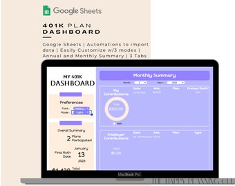 401K Savings Plan Dashboard | Google Sheets | Purple Theme | Up to 20 Plans