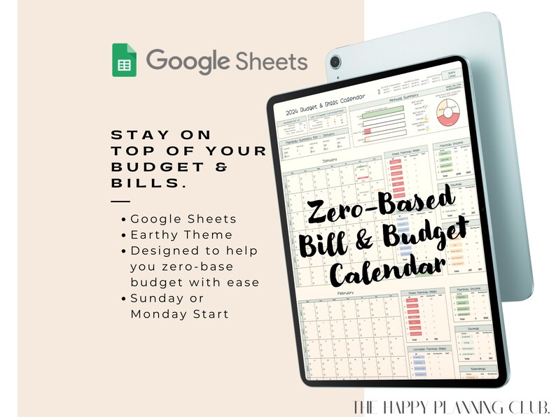 May include: A digital illustration of a Google Sheets spreadsheet with a green and white icon. The spreadsheet is titled "2024 Budget & Bills Calendar" and features a zero-based budget calendar with a green, red, and orange color scheme. The text "Zero-Based Bill & Budget Calendar" is written in a large, bold font. The text "THE HAPPY PLANNING CLUB." is written in a smaller font at the bottom of the image.