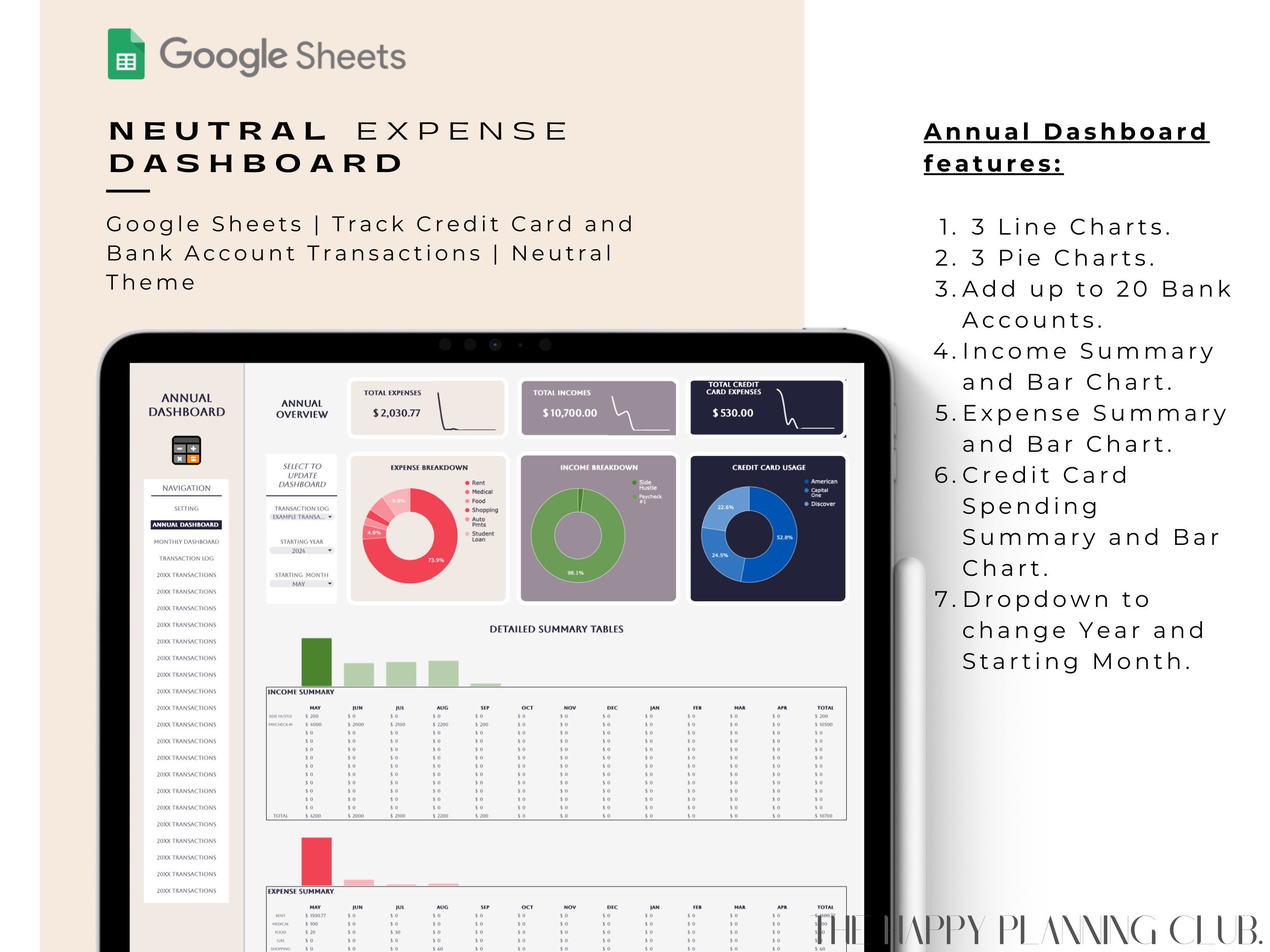 Neutral Expense Dashboard | Google Sheets | Monitor Credit Card and ...