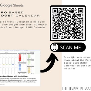 May include: A Google Sheets template for a zero-based budget calendar. The template is designed to help you budget with ease and includes a Sunday or Monday start option. The image also includes a QR code to learn more about the zero-based budget calendar on the website.