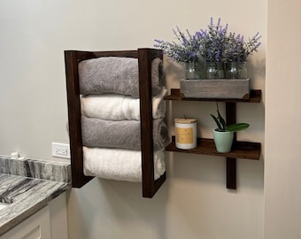 DIY (do-it-yourself) Plan for Oak Towel Rack and Shelves/ Design Idea / Bathroom Storage/Rolled Towels Organizer/Rustic Wood Effects