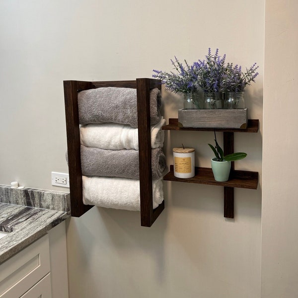 DIY (do-it-yourself) Plan for Oak Towel Rack and Shelves/ Design Idea / Bathroom Storage/Rolled Towels Organizer/Rustic Wood Effects