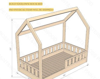 Twin size house bed PDF plan, Montessori bed plan, DIY (do-it-yourself) project, House bed frame plan...