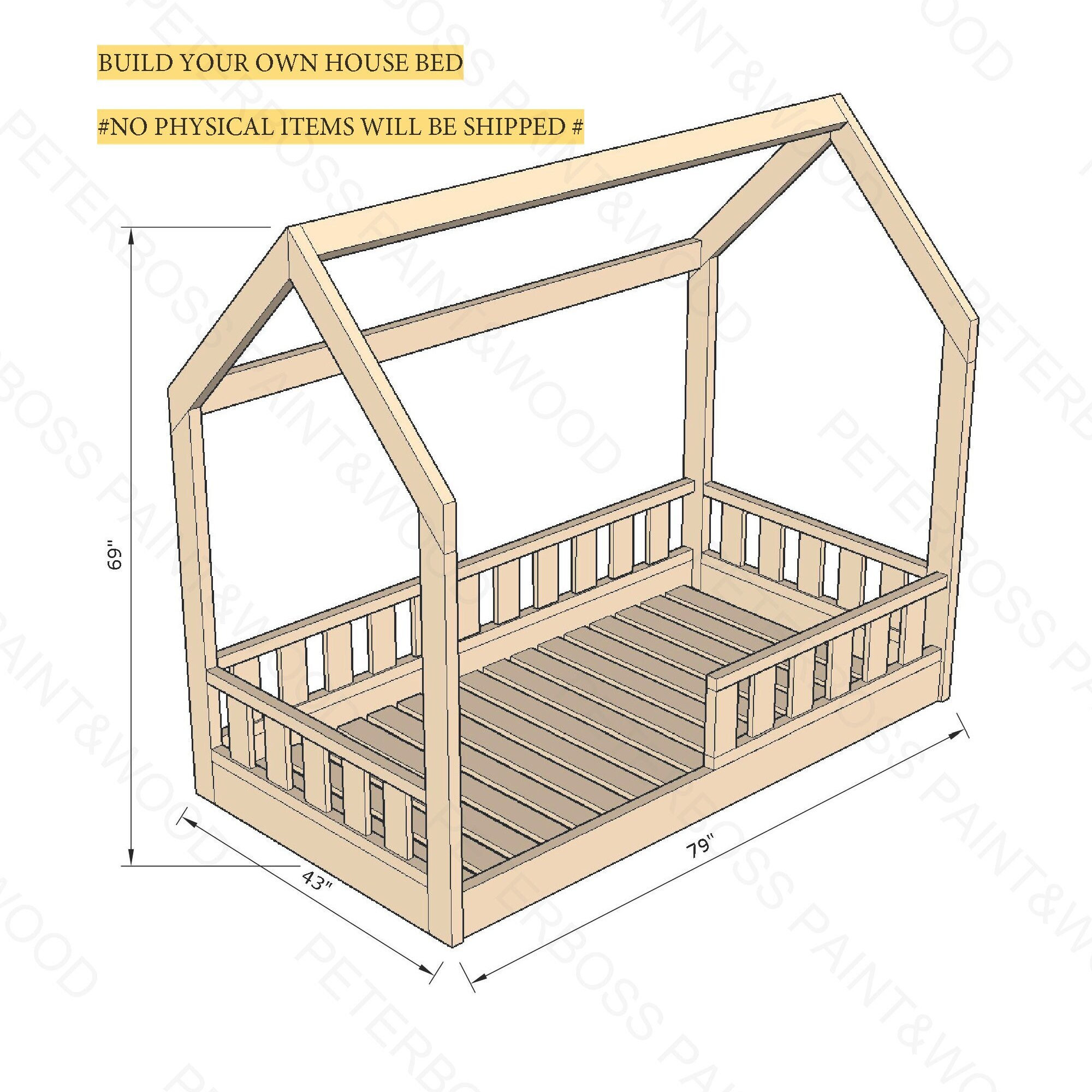Twin size house bed PDF plan, Montessori bed plan, DIY (do-it-yourself) project, House bed frame plan...