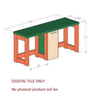 May include: DIY plan for a double kids desk with storage. The desk is 4' 10" long, 1' 5 1/2" wide, and 2' 2" high. It features a green top, orange legs, and a beige storage cabinet. The text reads "DIGITAL FILE ONLY".