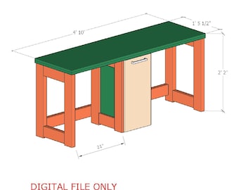 Op de afbeelding: DIY-plan voor een dubbele kindertafel met opbergruimte. De tafel is 147 cm lang, 44 cm breed en 66 cm hoog. Hij heeft een groen blad, oranje poten en een beige opbergkast. De tekst luidt "ALLEEN DIGITAAL BESTAND".