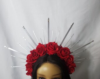 Silver and Red Rose with Swarovski crystal Halo Warrior Fantasy Headpiece