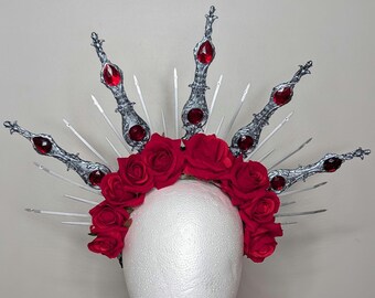 Red rose heart headpiece with crystals Queen of Hearts Rose Crown with Crystals - Cris Crochet Shop main image 2