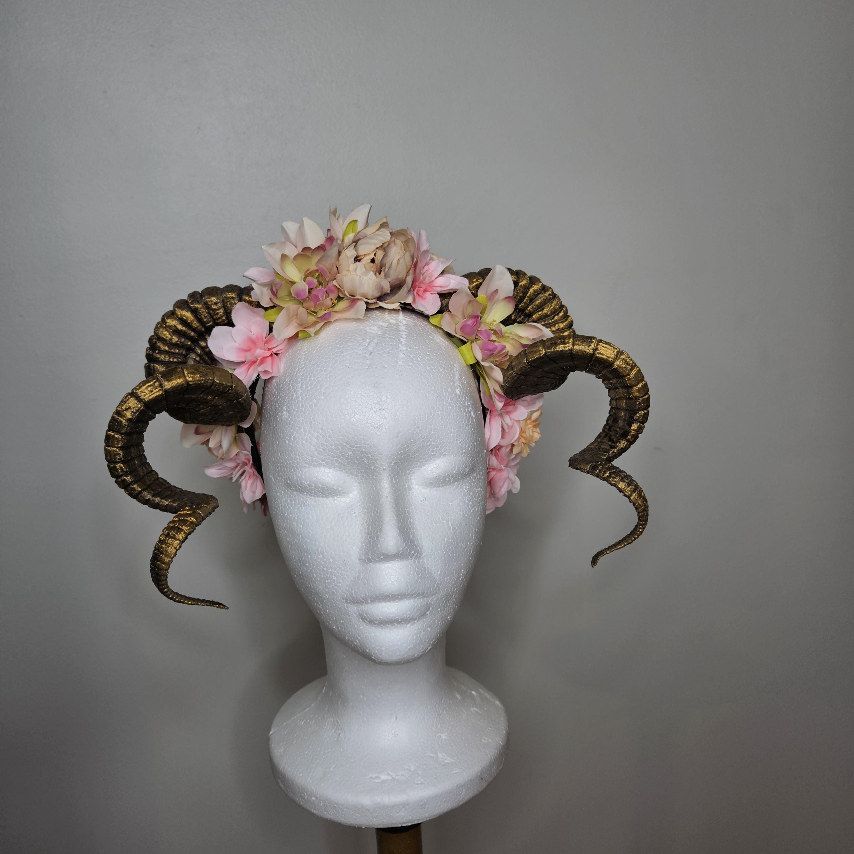 Flowered Dark Gold Ram Horned Crown Headpiece - Etsy display picture 2