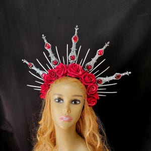 Silver and Red Rose with crystal Halo Warrior Fantasy Headpiece