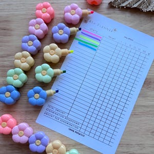 Puede incluir: Un conjunto de resaltadores y gomas de borrar con forma de flor y colores pastel, dispuestos alrededor de una hoja de planificador de efectivo. El planificador tiene una cuadrícula para el seguimiento de gastos y el texto "CASH PLANNED" en la parte superior. Los resaltadores son rosas, morados, amarillos, verdes y azules.