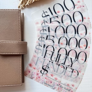 May include: A set of six transparent cards with floral designs and the text "$100", "$500", "$1,000", "$5,000", "FULLY FUNDED", and "$ - in the bank".