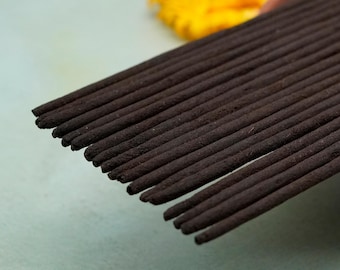 May include: A bundle of dark brown, cylindrical incense sticks arranged in a parallel formation. The sticks are resting partially inside a small, round, terracotta-coloured bowl, with the tips extending outward in a uniform, linear pattern.