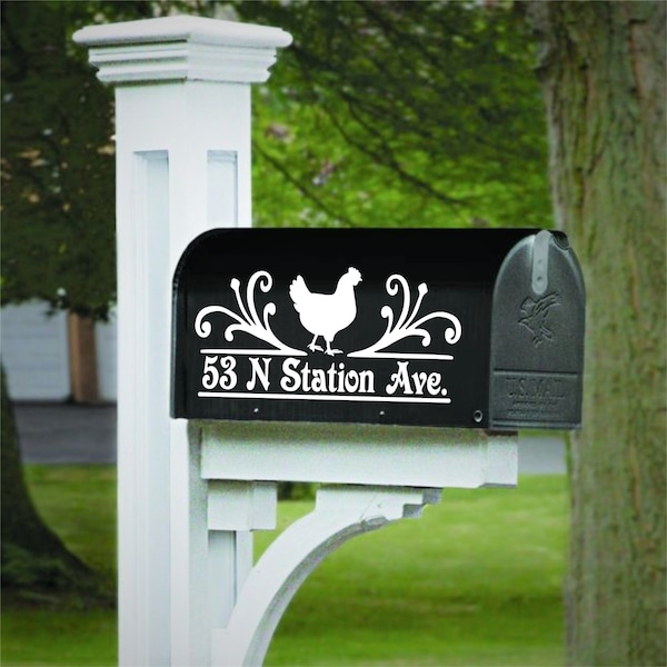 Set of 2 Hen Chicken Scrolled Vinyl Decals Personalized with Street Address for Mailbox-Custom Made-Choose Your Color