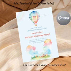Heißluftballon-Geburtstagseinladung, bearbeitbare Ballon-Party einladen, buntes Himmel-Thema einladen, Sofort-Download | SC133